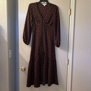 Topshop Long Sleeve Button Front Rose Floral Tiered Midi Dress in Black